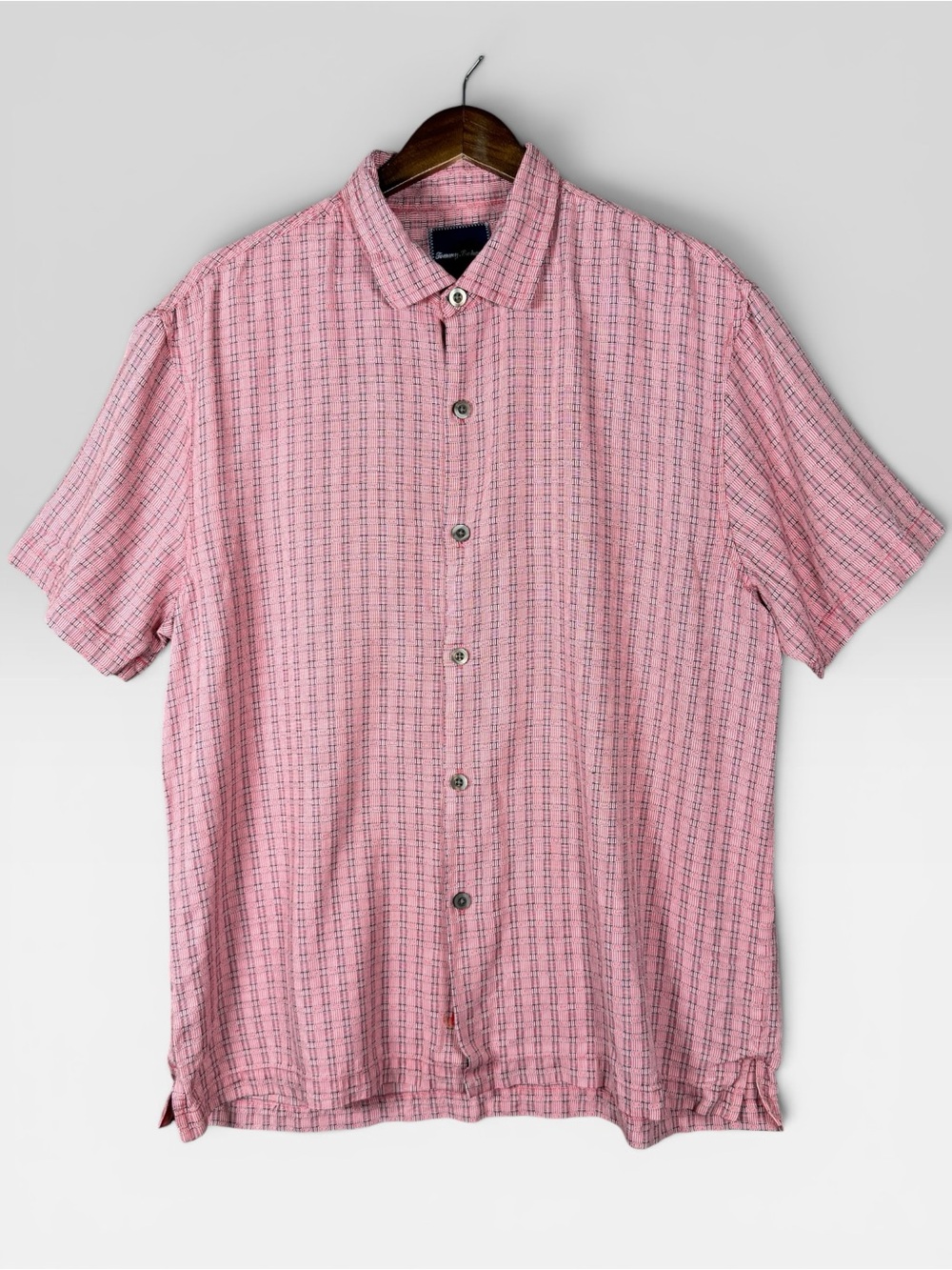 Tommy Bahama Button Down Shirt Mens XL Pink 100% Silk Textured Grid Short Sleeve